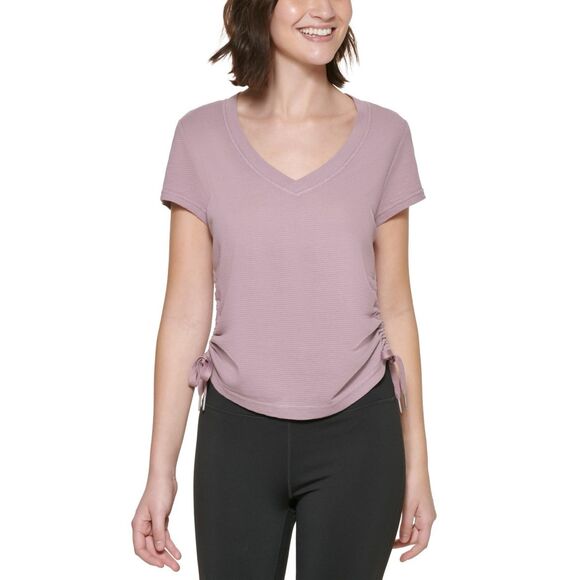 CK Performance Womens Solid Ruched Waffle Short Sleeve Tee Size L - Picture 1 of 3